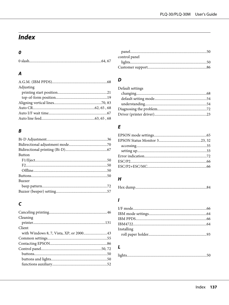 Index | Epson PLQ-30 User Manual | Page 137 / 139