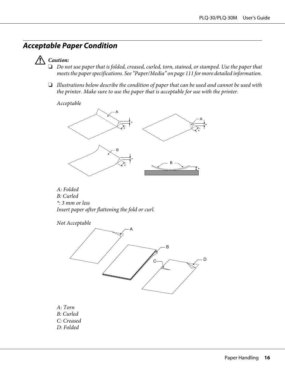 Acceptable paper condition | Epson PLQ-30 User Manual | Page 16 / 139