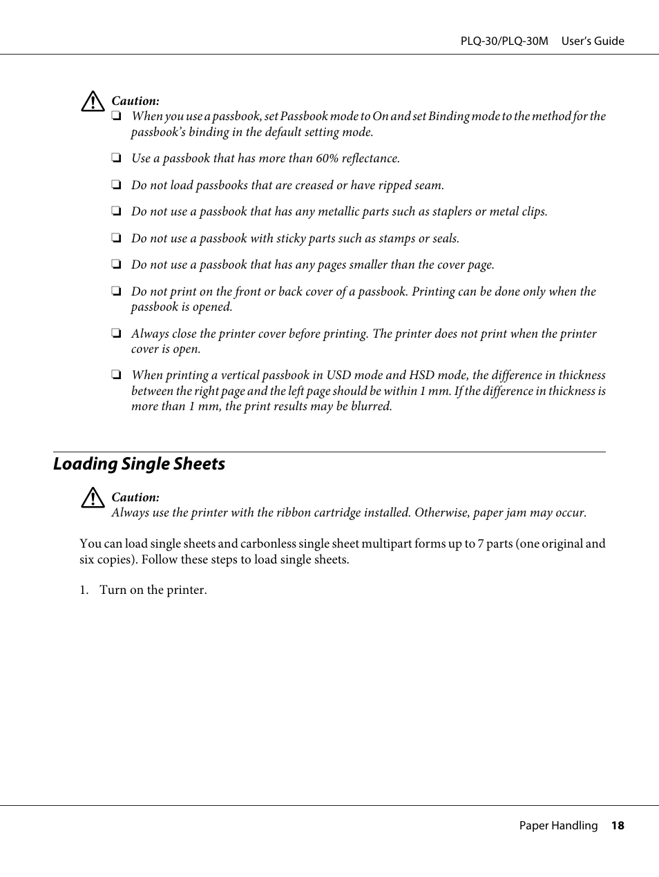 Loading single sheets | Epson PLQ-30 User Manual | Page 18 / 139