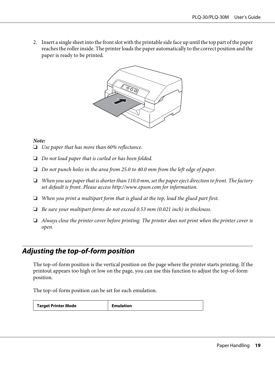 Adjusting the top-of-form position | Epson PLQ-30 User Manual | Page 19 / 139