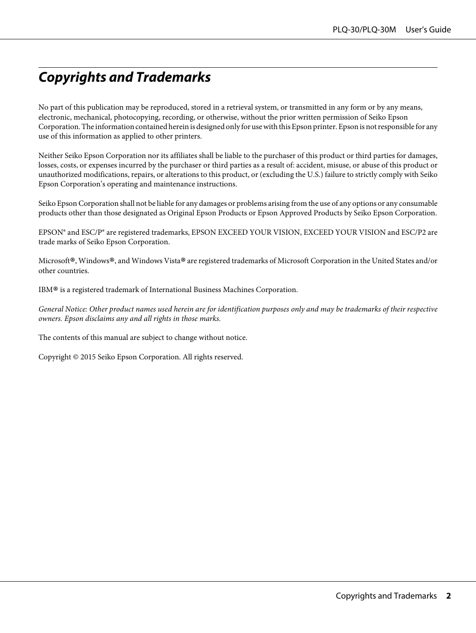 Copyrights and trademarks | Epson PLQ-30 User Manual | Page 2 / 139