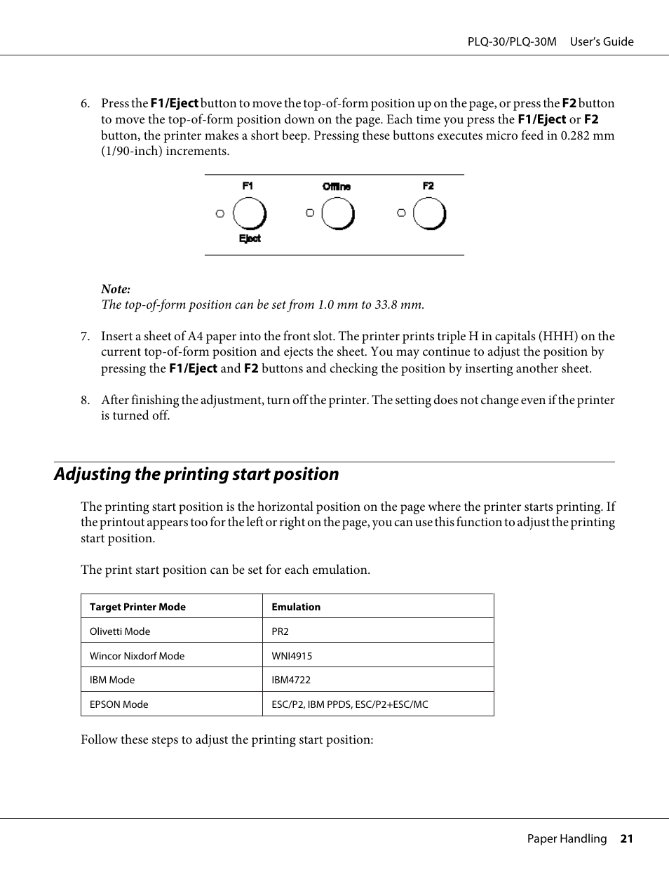 Adjusting the printing start position | Epson PLQ-30 User Manual | Page 21 / 139