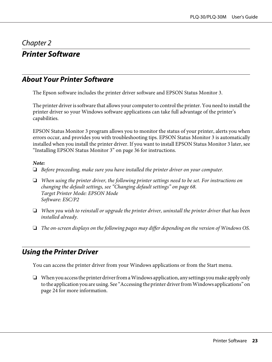 Printer software, About your printer software, Using the printer driver | Chapter 2 printer software, Chapter 2 | Epson PLQ-30 User Manual | Page 23 / 139