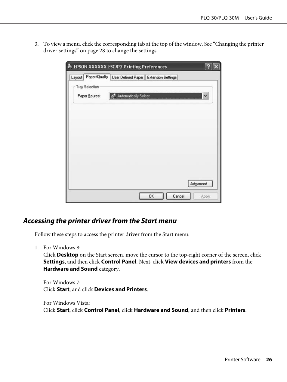 Accessing the printer driver from the start menu | Epson PLQ-30 User Manual | Page 26 / 139