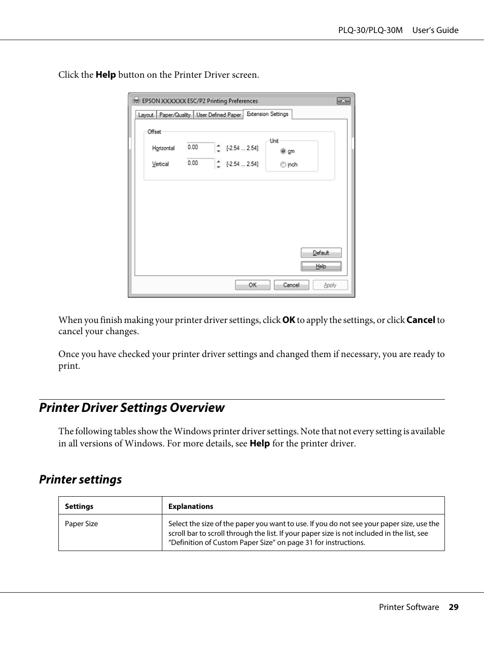 Printer driver settings overview, Printer settings | Epson PLQ-30 User Manual | Page 29 / 139