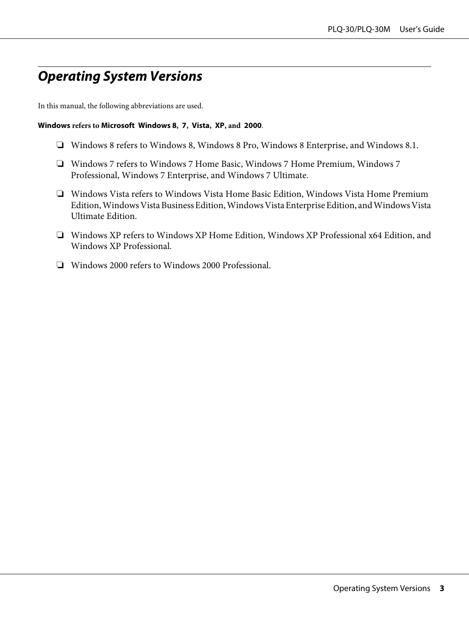 Operating system versions | Epson PLQ-30 User Manual | Page 3 / 139