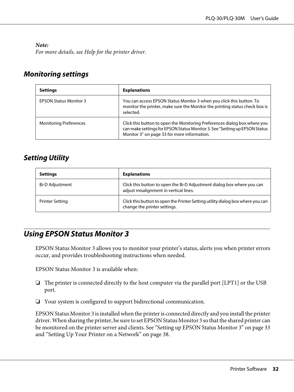 Monitoring settings, Setting utility, Using epson status monitor 3 | Monitoring settings setting utility | Epson PLQ-30 User Manual | Page 32 / 139