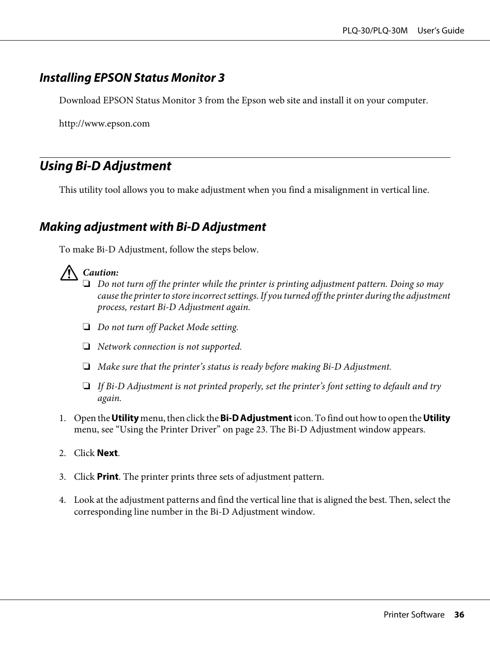 Installing epson status monitor 3, Using bi-‍d adjustment, Making adjustment with bi-‍d adjustment | Using bi-d adjustment, Making adjustment with bi-d adjustment | Epson PLQ-30 User Manual | Page 36 / 139