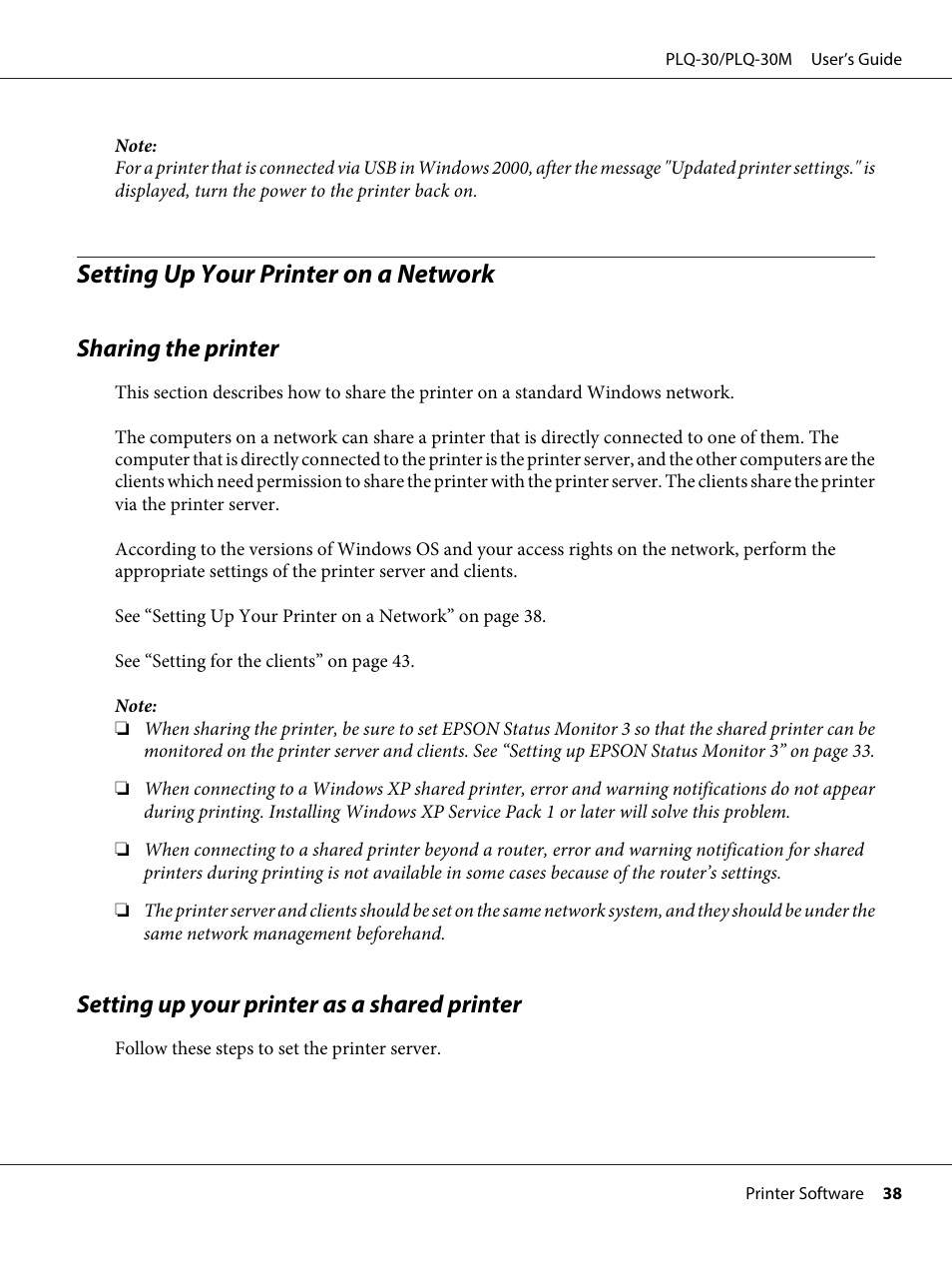 Setting up your printer on a network, Sharing the printer, Setting up your printer as a shared printer | Epson PLQ-30 User Manual | Page 38 / 139