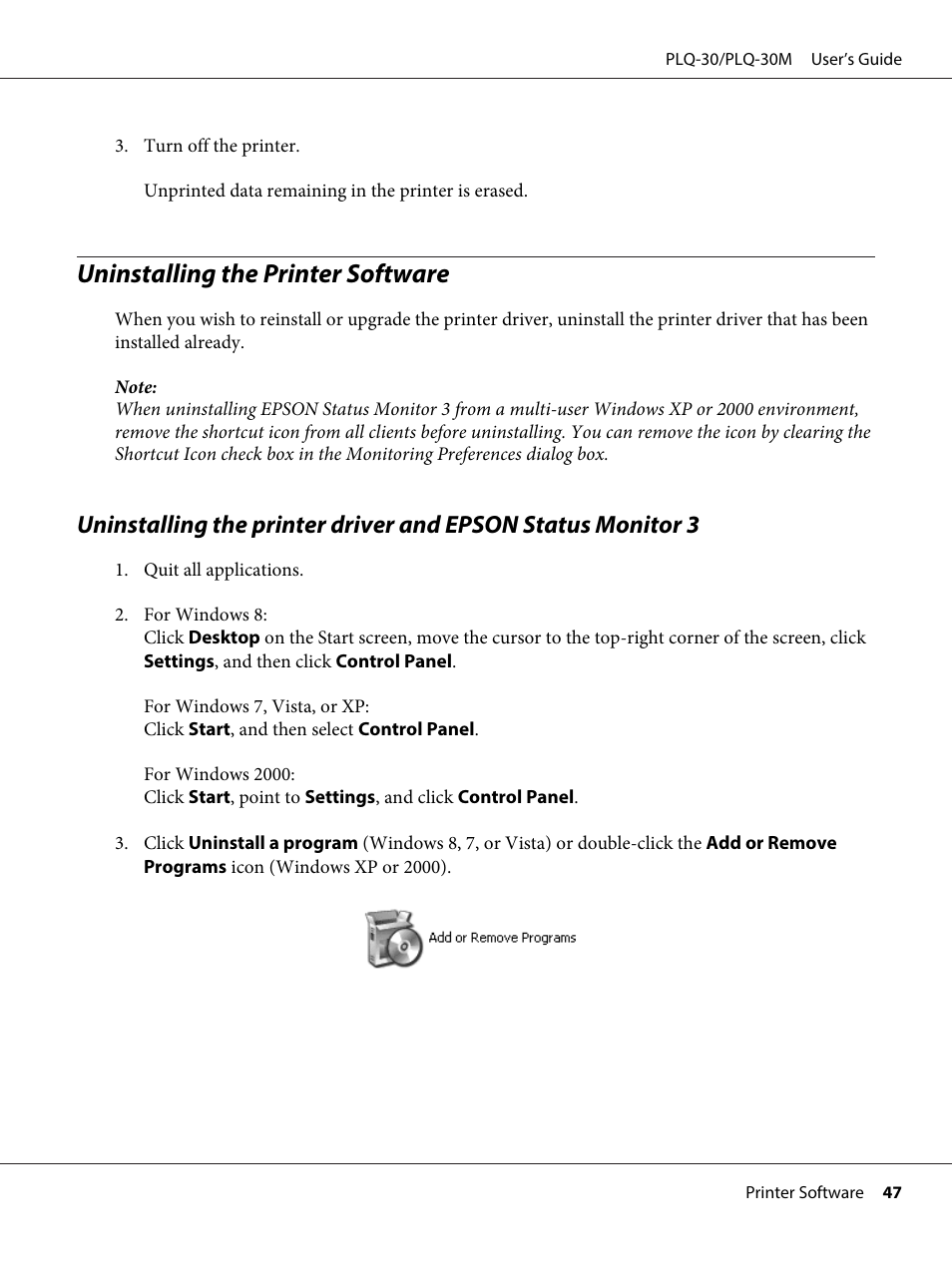 Uninstalling the printer software | Epson PLQ-30 User Manual | Page 47 / 139