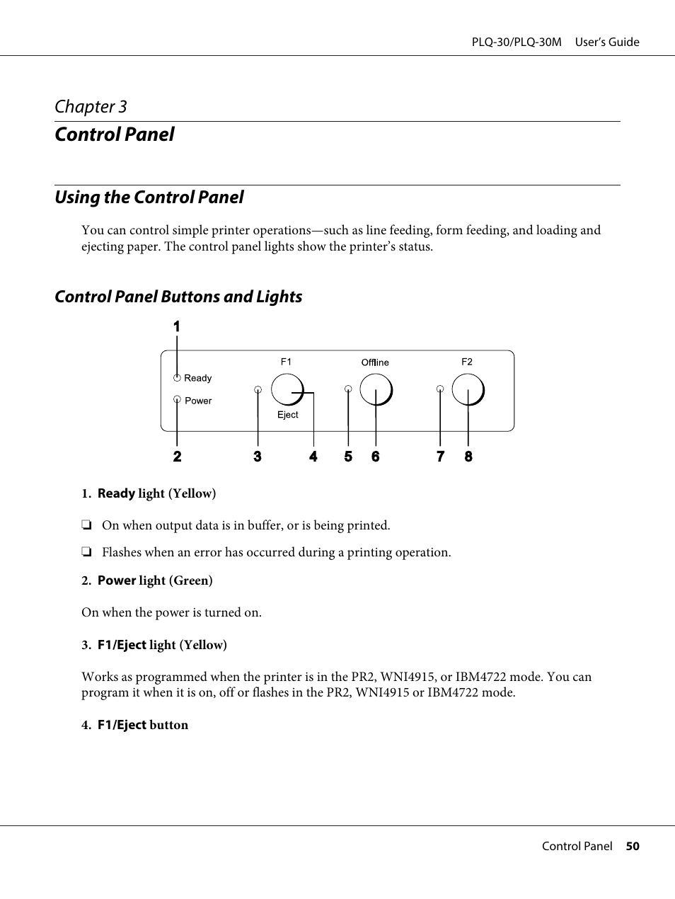 Control panel, Using the control panel, Control panel buttons and lights | Chapter 3 control panel, Chapter 3 | Epson PLQ-30 User Manual | Page 50 / 139
