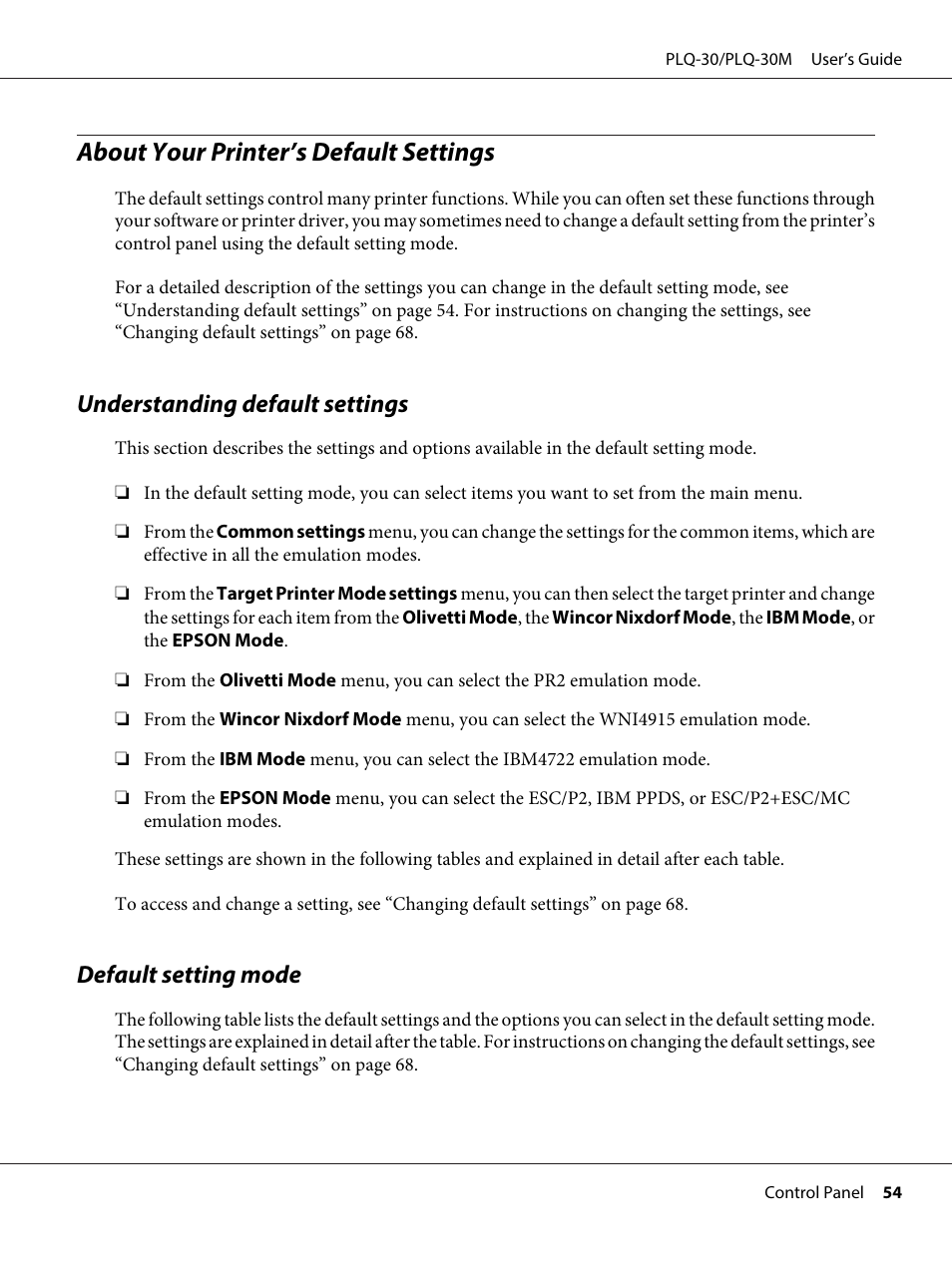 About your printer’s default settings, Understanding default settings, Default setting mode | Epson PLQ-30 User Manual | Page 54 / 139