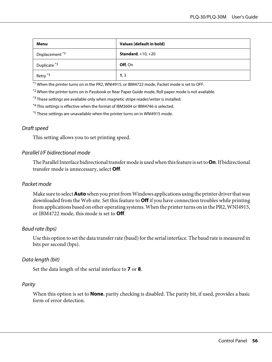 Draft speed, Parallel i/f bidirectional mode, Packet mode | Baud rate (bps), Data length (bit), Parity | Epson PLQ-30 User Manual | Page 56 / 139