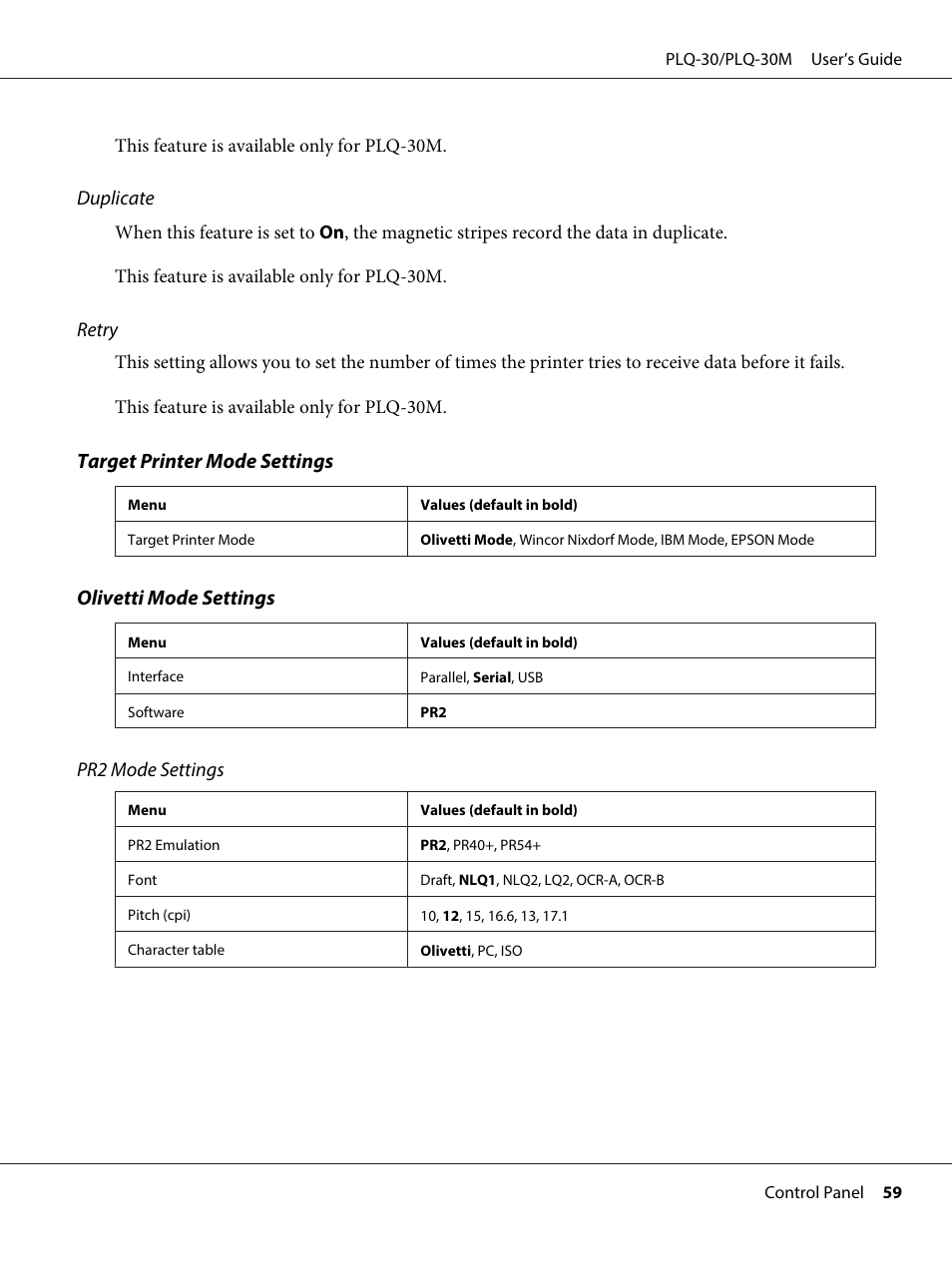 Duplicate, Retry, Target printer mode settings | Olivetti mode settings, Pr2 mode settings | Epson PLQ-30 User Manual | Page 59 / 139