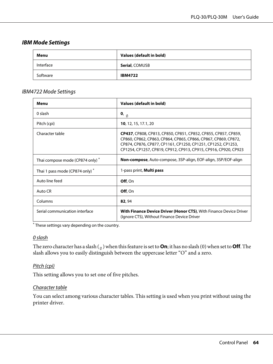 Ibm mode settings, Ibm4722 mode settings | Epson PLQ-30 User Manual | Page 64 / 139