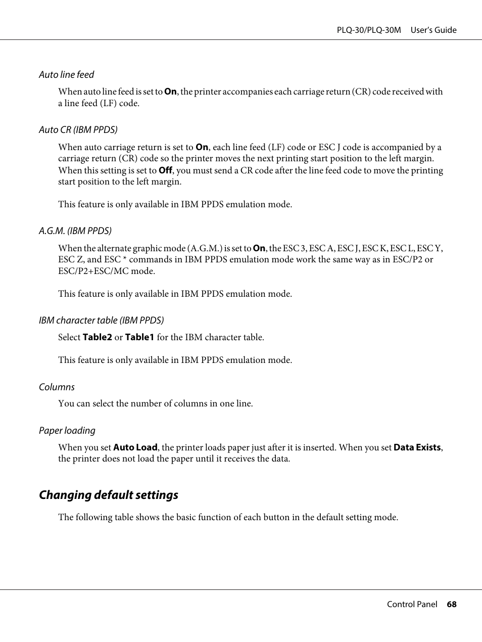 Changing default settings | Epson PLQ-30 User Manual | Page 68 / 139
