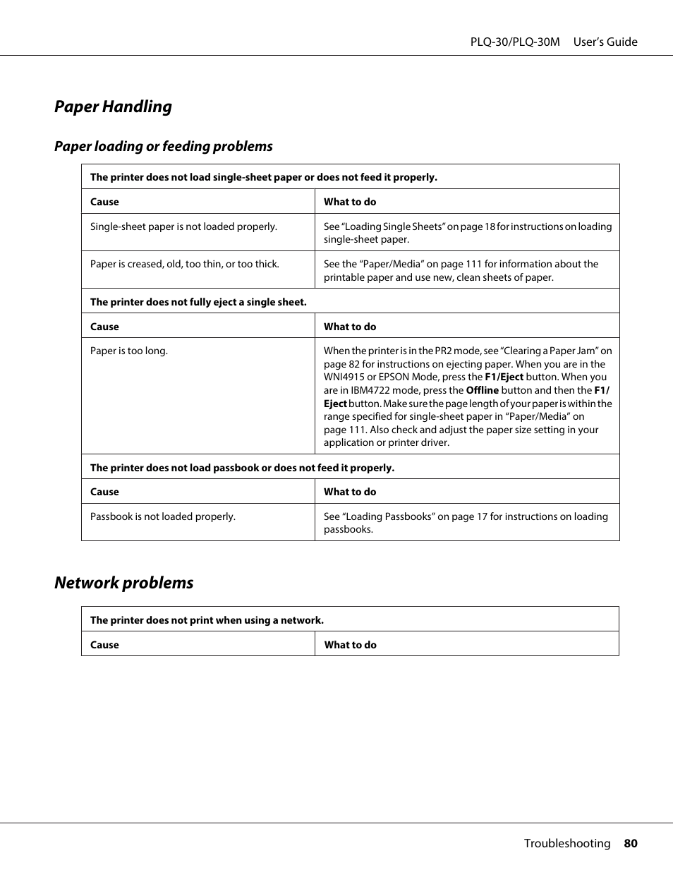 Paper handling, Network problems, Paper handling network problems | Paper loading or feeding problems | Epson PLQ-30 User Manual | Page 80 / 139