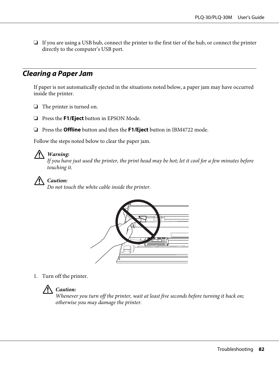 Clearing a paper jam | Epson PLQ-30 User Manual | Page 82 / 139