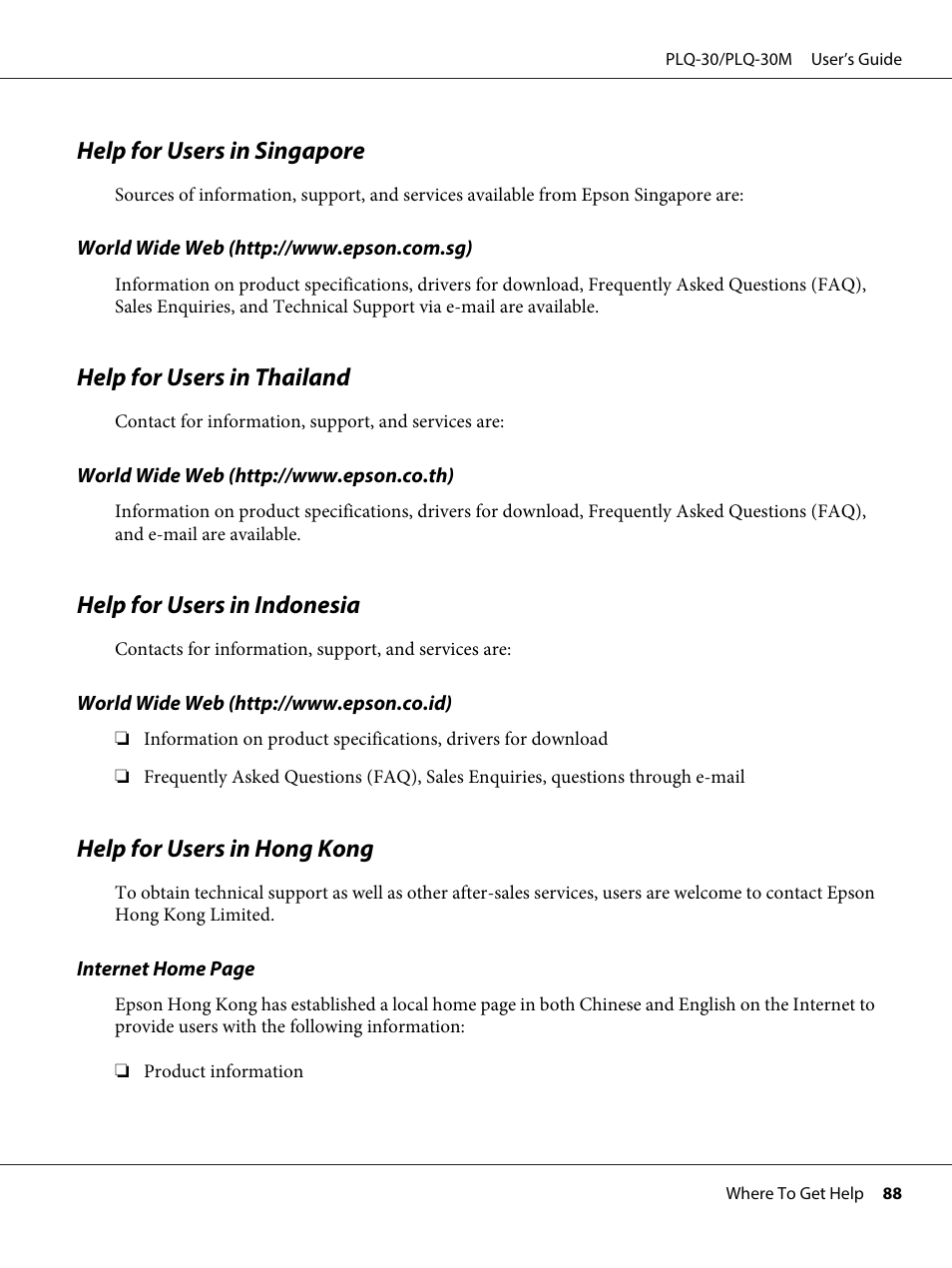 Help for users in singapore, Help for users in thailand, Help for users in indonesia | Help for users in hong kong | Epson PLQ-30 User Manual | Page 88 / 139