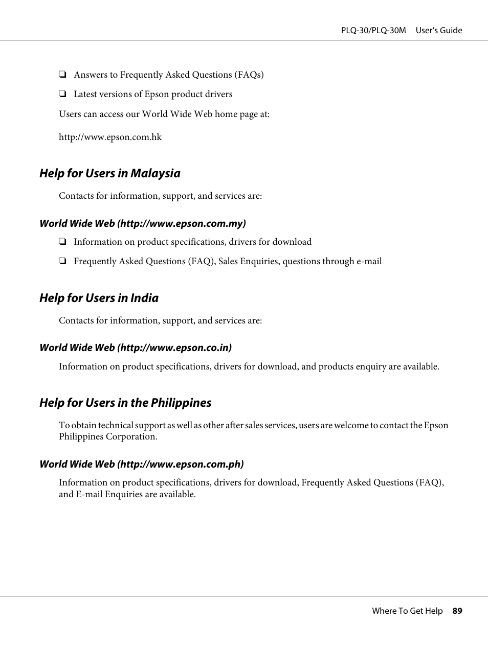 Help for users in malaysia, Help for users in india, Help for users in the philippines | Epson PLQ-30 User Manual | Page 89 / 139