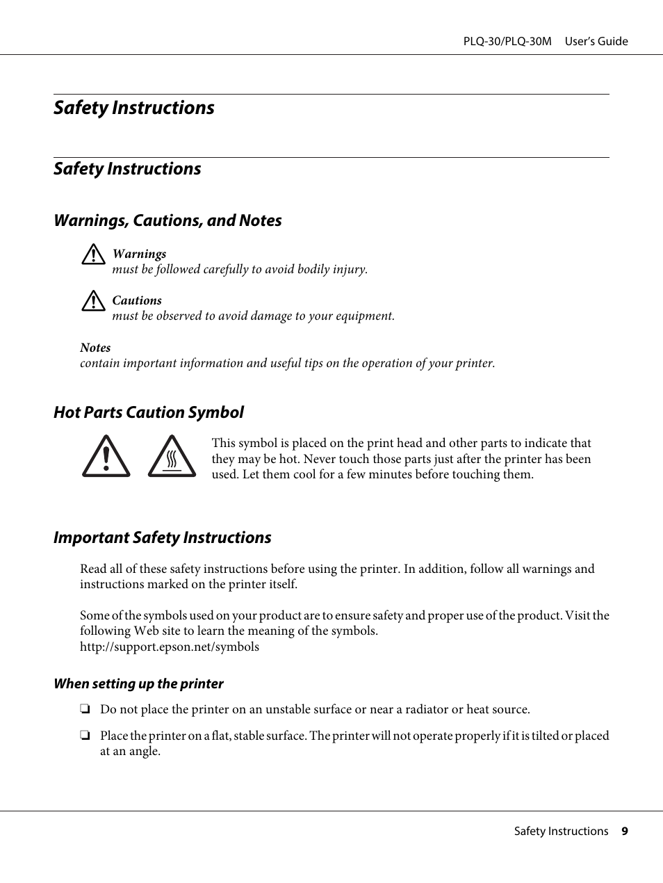 Safety instructions, Warnings, cautions, and notes, Hot parts caution symbol | Important safety instructions | Epson PLQ-30 User Manual | Page 9 / 139