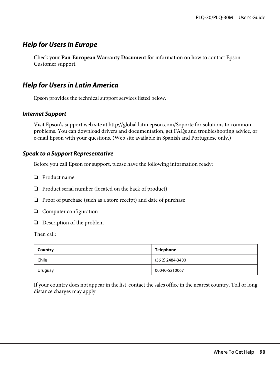 Help for users in europe, Help for users in latin america | Epson PLQ-30 User Manual | Page 90 / 139