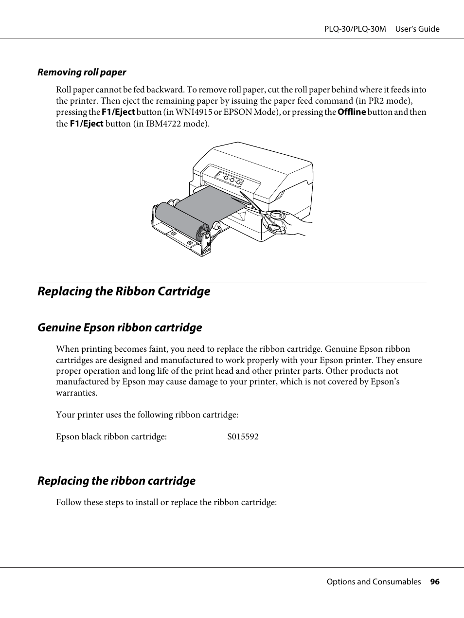 Replacing the ribbon cartridge, Genuine epson ribbon cartridge | Epson PLQ-30 User Manual | Page 96 / 139