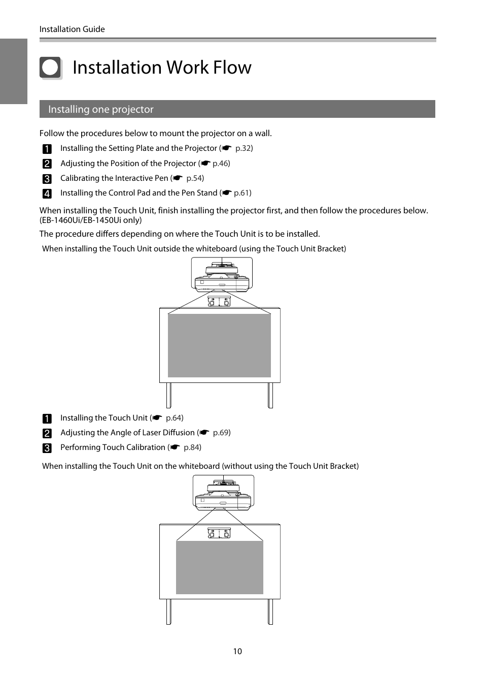 Installation work flow, Installing one projector | Epson EB-1460Ui User Manual | Page 11 / 353