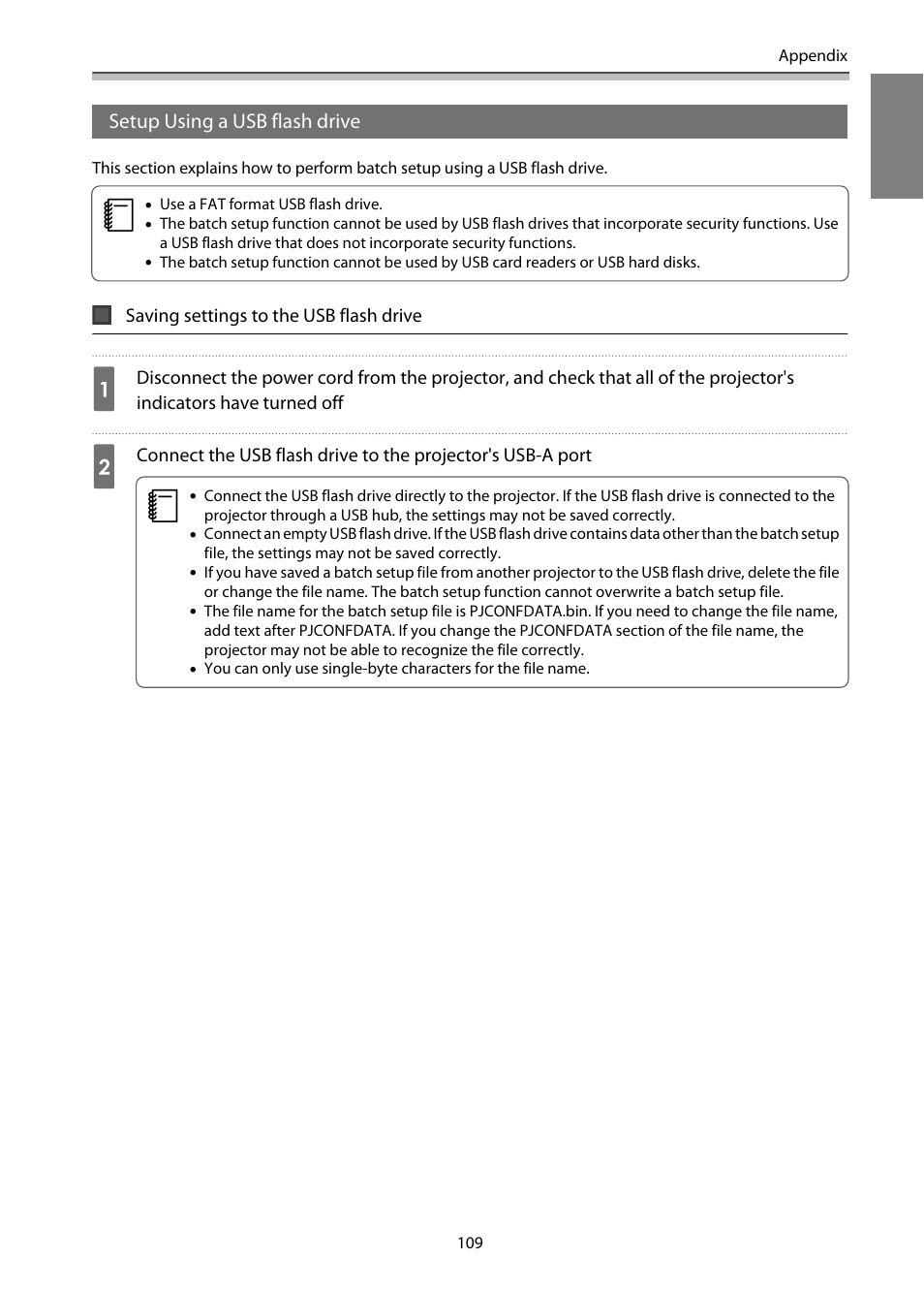 Setup using a usb flash drive, Saving settings to the usb flash drive | Epson EB-1460Ui User Manual | Page 110 / 353