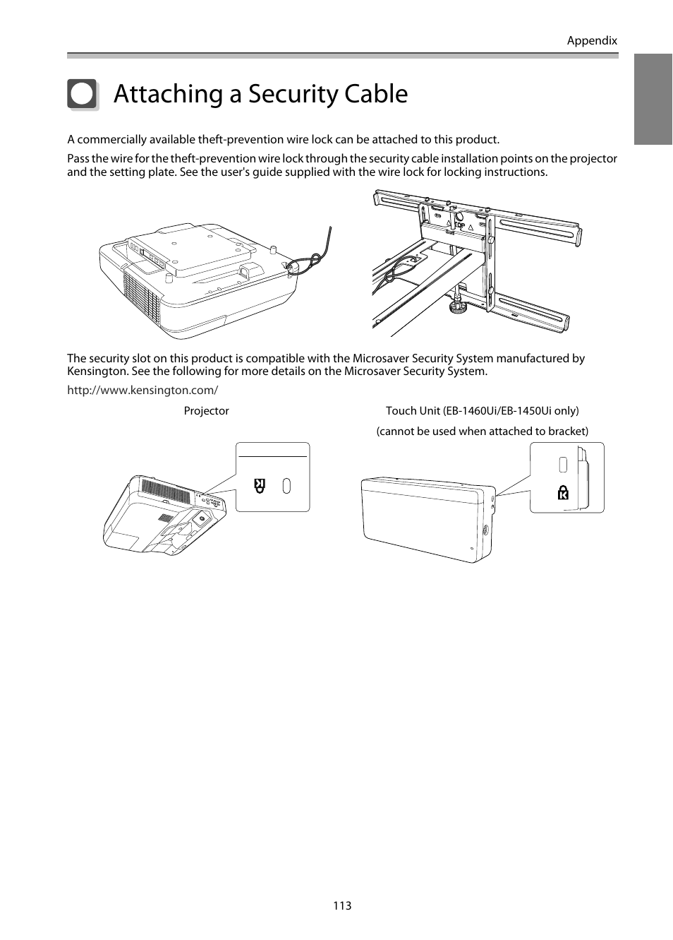 Attaching a security cable | Epson EB-1460Ui User Manual | Page 114 / 353