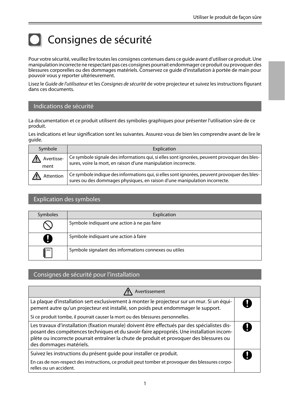 Consignes de sécurité | Epson EB-1460Ui User Manual | Page 118 / 353
