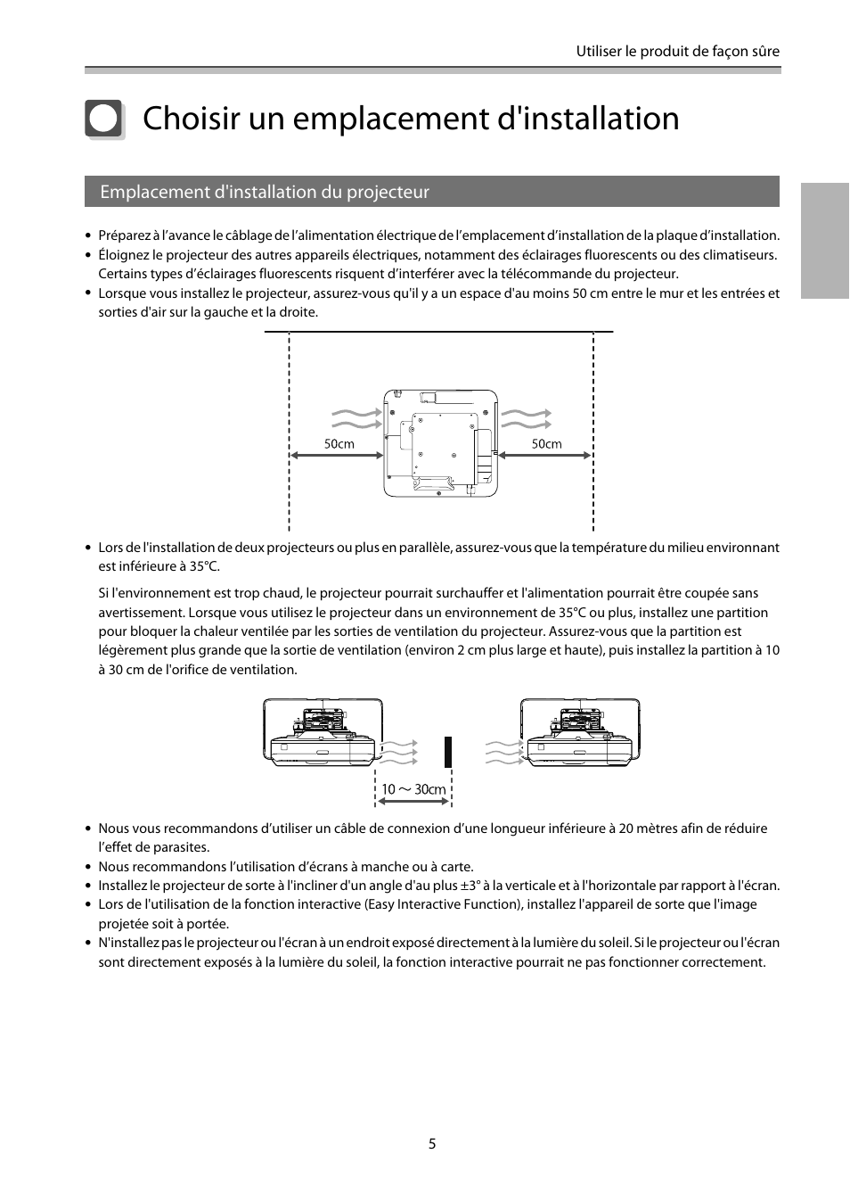 Choisir un emplacement d'installation, Emplacement d'installation du projecteur | Epson EB-1460Ui User Manual | Page 122 / 353