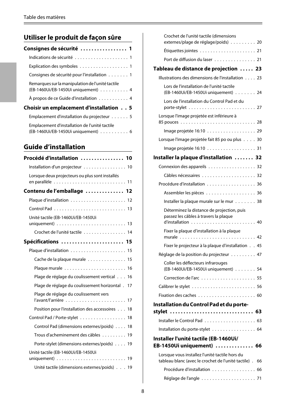 Utiliser le produit de façon sûre, Guide d’installation | Epson EB-1460Ui User Manual | Page 125 / 353