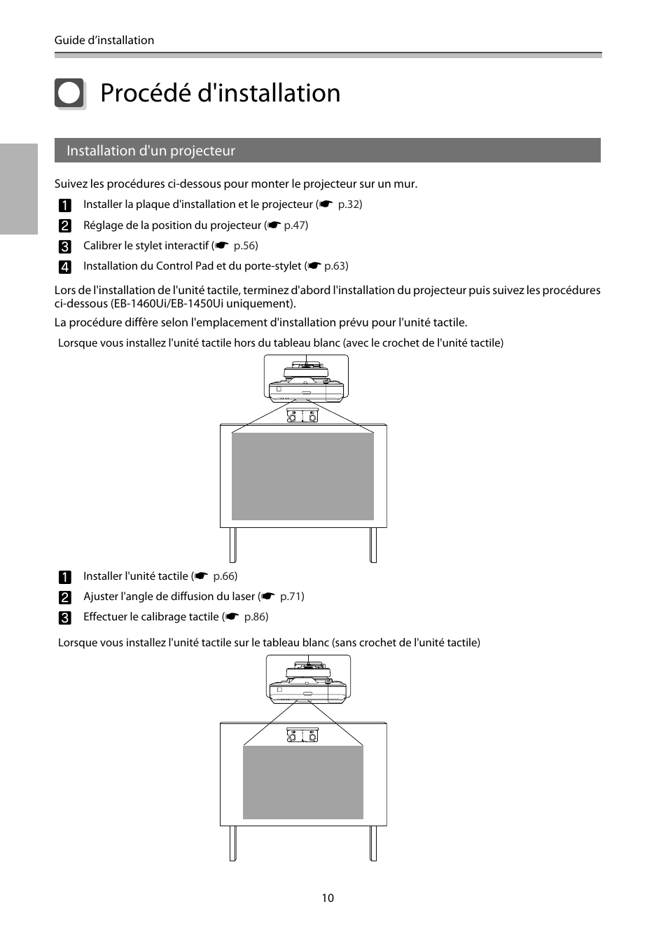 Procédé d'installation, Installation d'un projecteur | Epson EB-1460Ui User Manual | Page 127 / 353