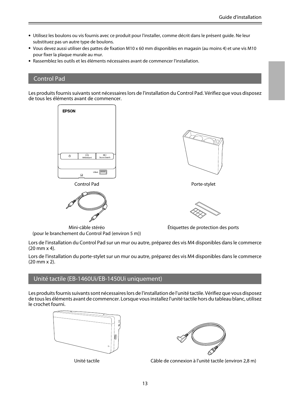 Control pad, Unité tactile (eb-1460ui/eb-1450ui uniquement) | Epson EB-1460Ui User Manual | Page 130 / 353