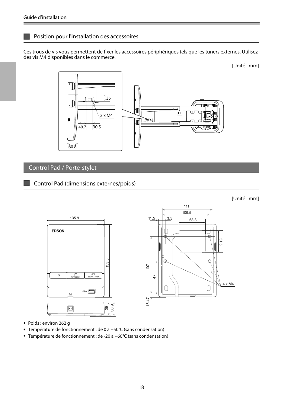Position pour l'installation des accessoires, Control pad / porte-stylet, Control pad (dimensions externes/poids) | Epson EB-1460Ui User Manual | Page 135 / 353