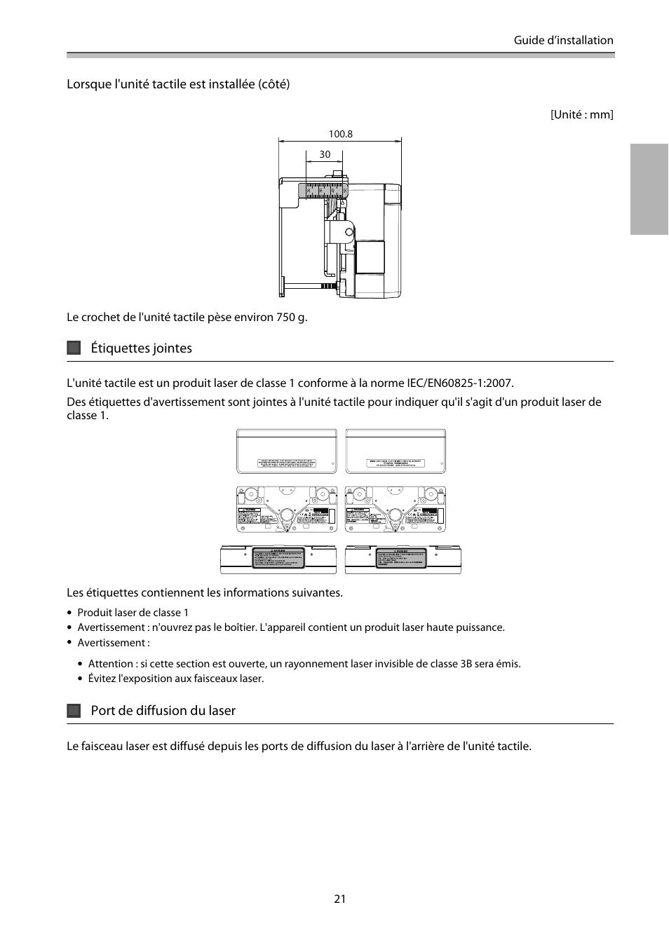 Étiquettes jointes, Port de diffusion du laser | Epson EB-1460Ui User Manual | Page 138 / 353