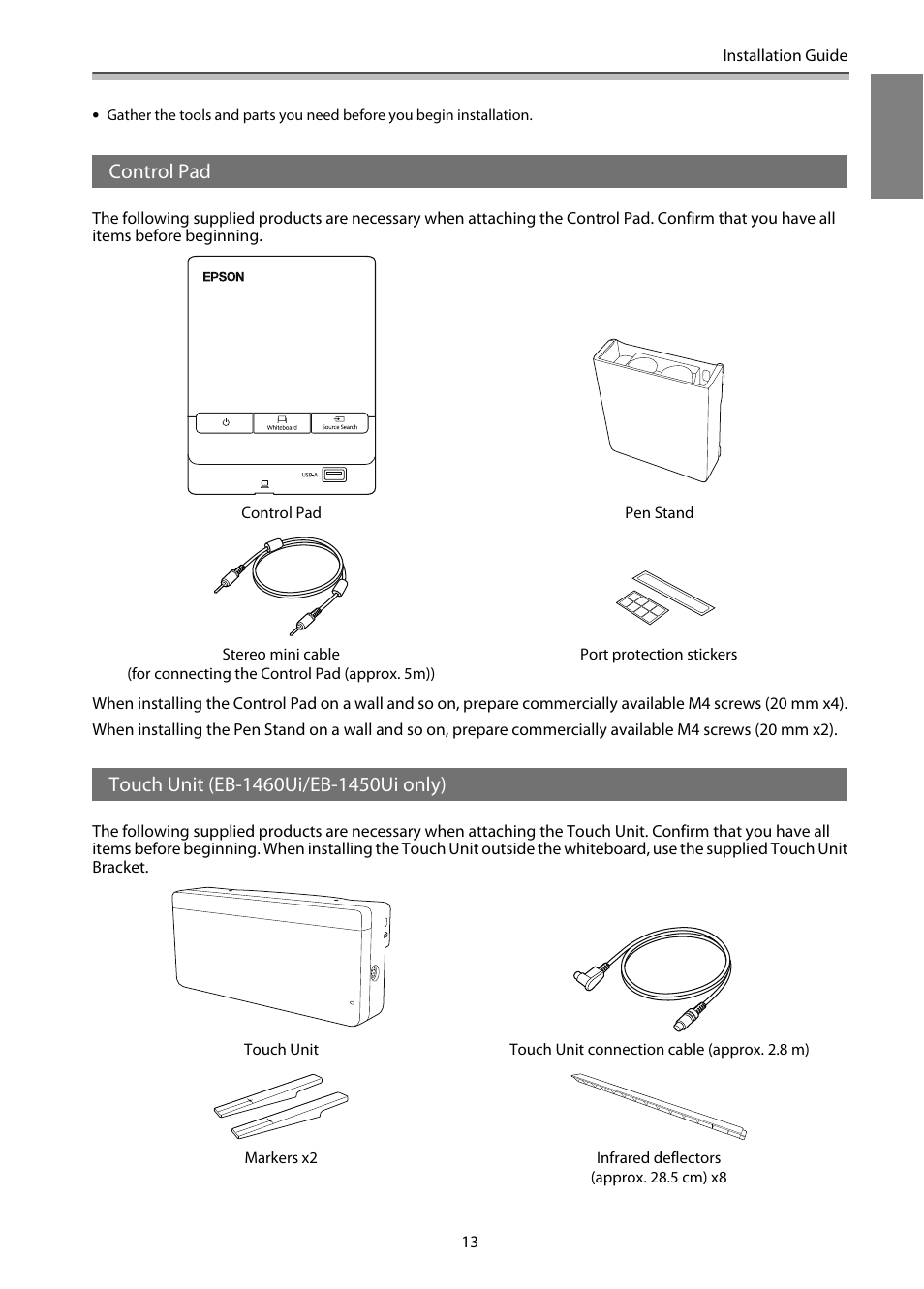 Control pad, Touch unit (eb-1460ui/eb-1450ui only) | Epson EB-1460Ui User Manual | Page 14 / 353