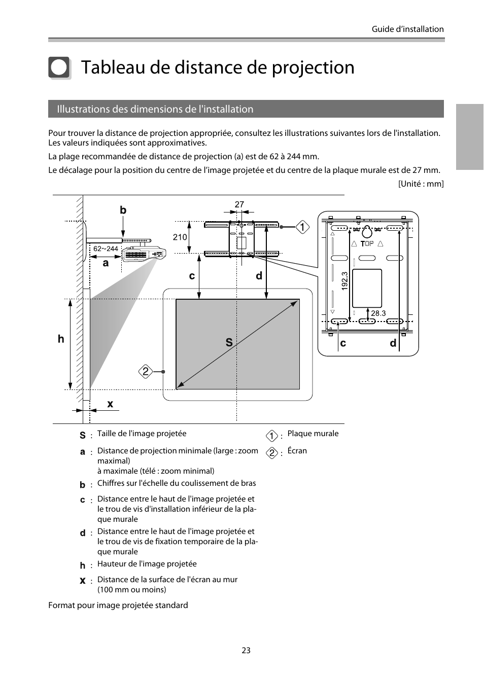 Tableau de distance de projection, Illustrations des dimensions de l'installation | Epson EB-1460Ui User Manual | Page 140 / 353