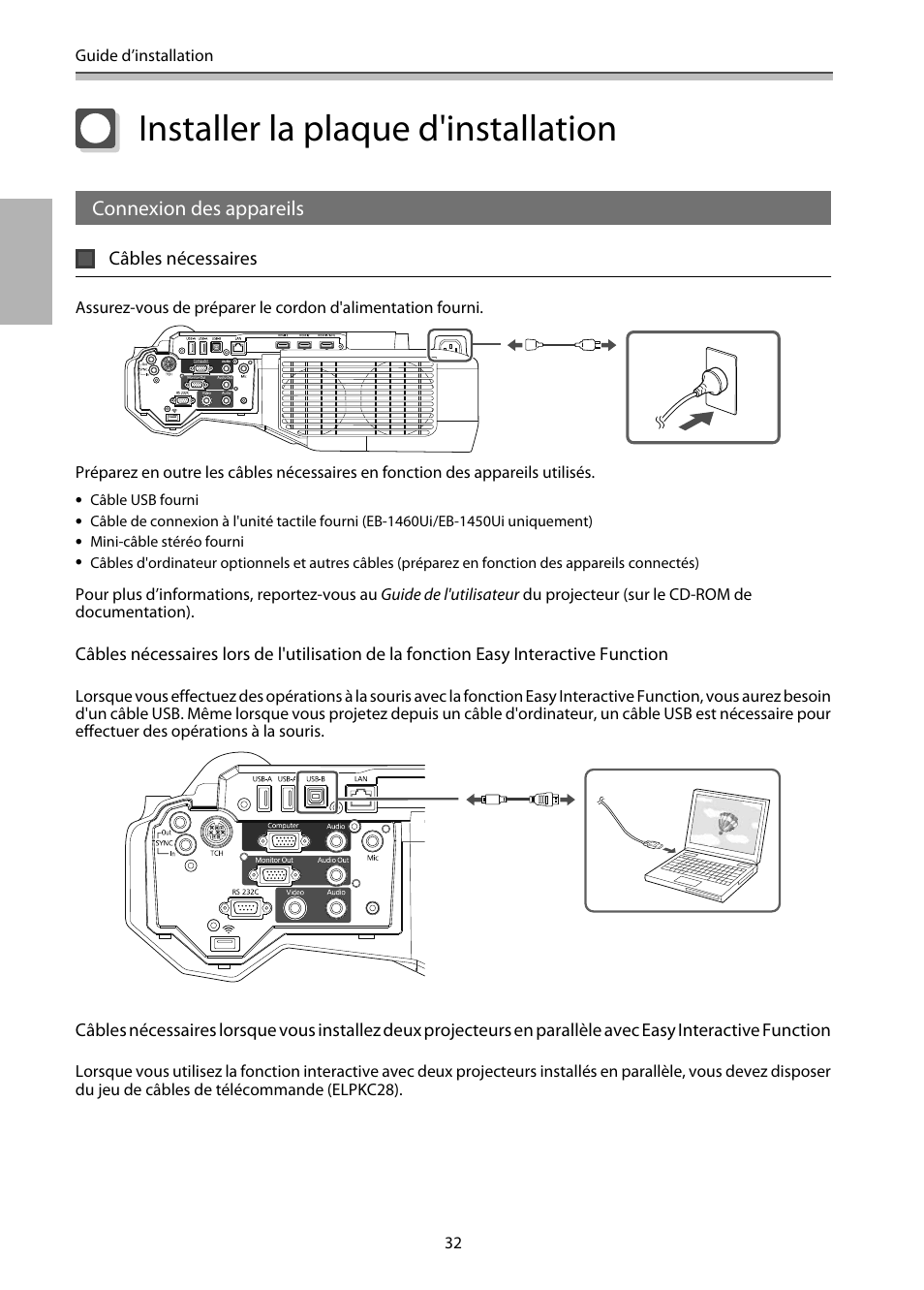 Installer la plaque d'installation, Connexion des appareils, Câbles nécessaires | P.32 | Epson EB-1460Ui User Manual | Page 149 / 353