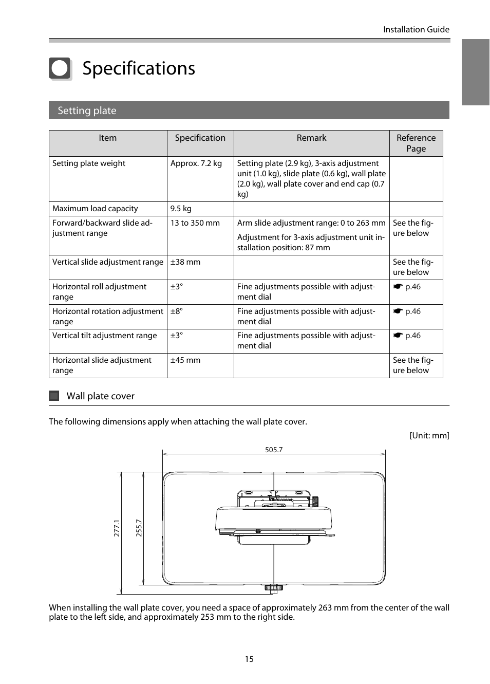Specifications, Setting plate, Wall plate cover | Epson EB-1460Ui User Manual | Page 16 / 353