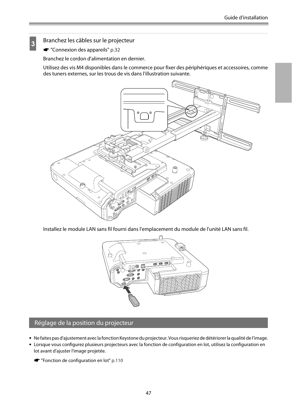 Réglage de la position du projecteur, P.47 | Epson EB-1460Ui User Manual | Page 164 / 353