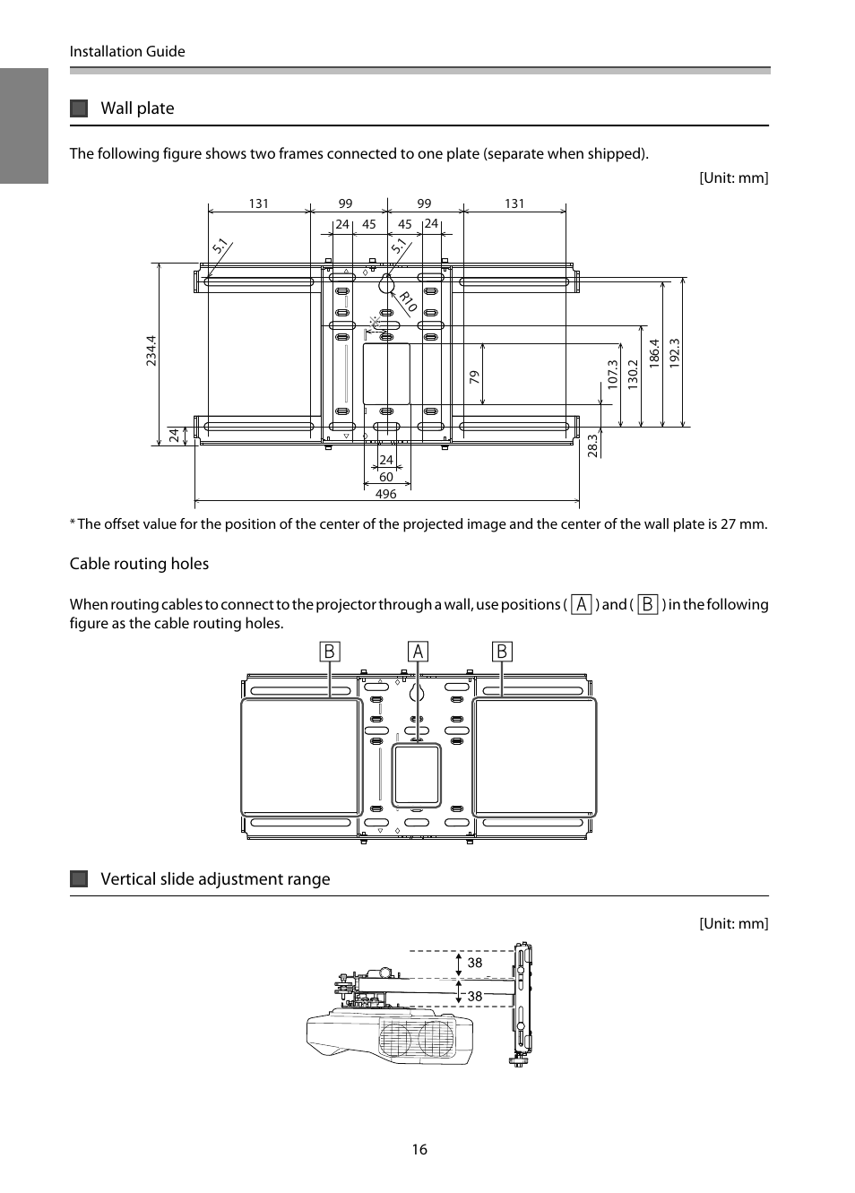 Wall plate, Vertical slide adjustment range | Epson EB-1460Ui User Manual | Page 17 / 353