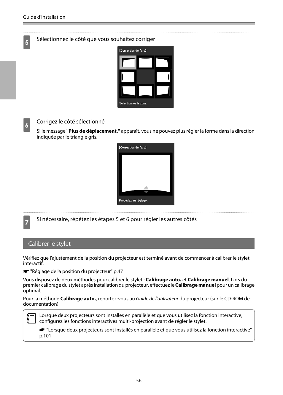 Calibrer le stylet, P.56 | Epson EB-1460Ui User Manual | Page 173 / 353