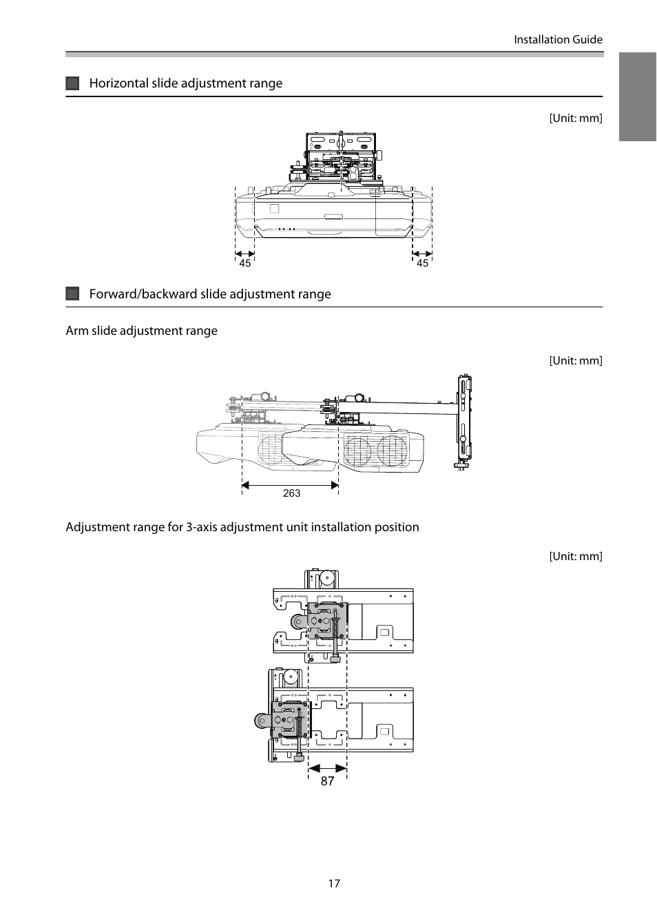 Horizontal slide adjustment range, Forward/backward slide adjustment range | Epson EB-1460Ui User Manual | Page 18 / 353