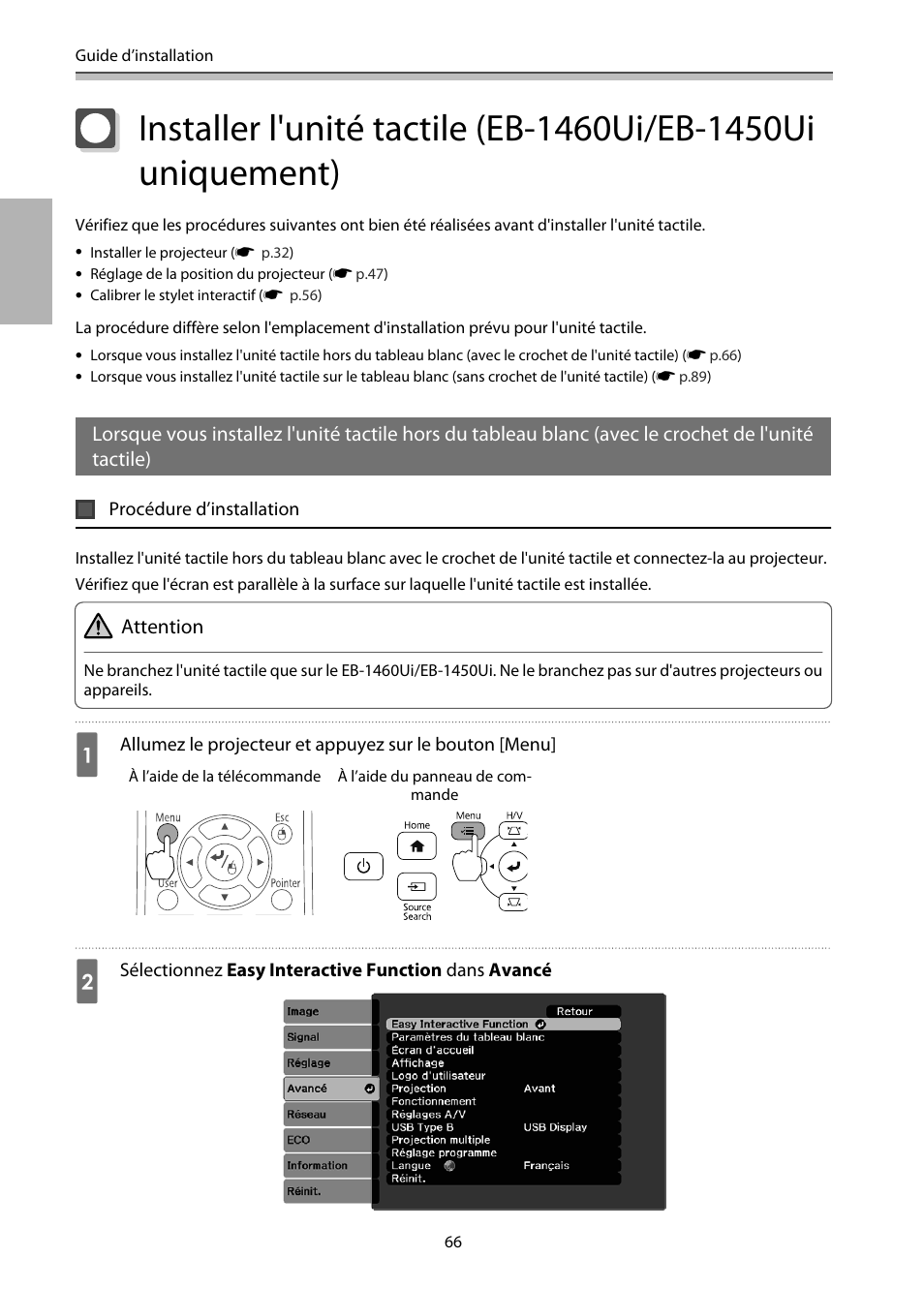 Procédure d’installation, P.66 | Epson EB-1460Ui User Manual | Page 183 / 353