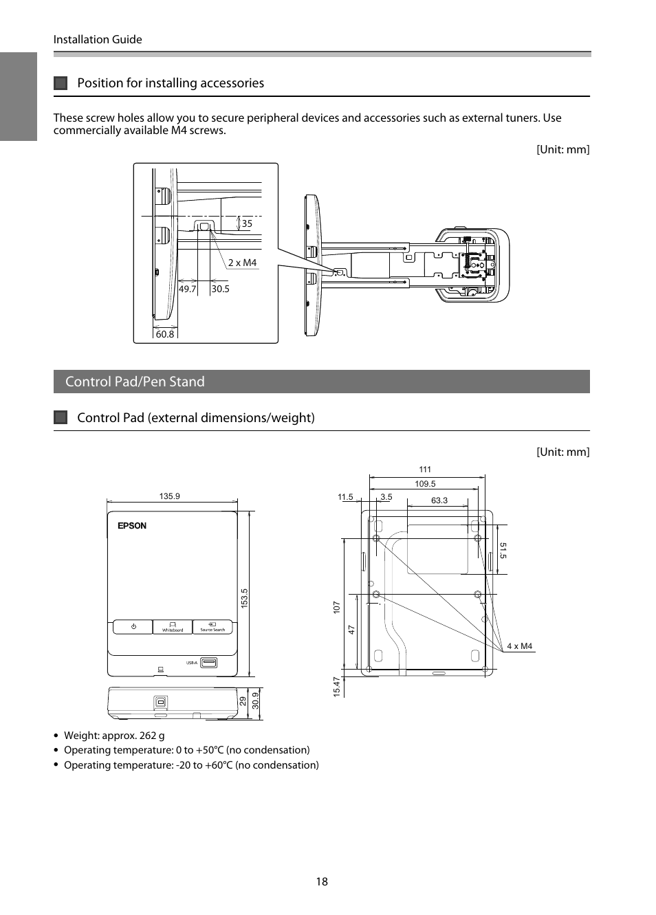 Position for installing accessories, Control pad/pen stand, Control pad (external dimensions/weight) | Epson EB-1460Ui User Manual | Page 19 / 353