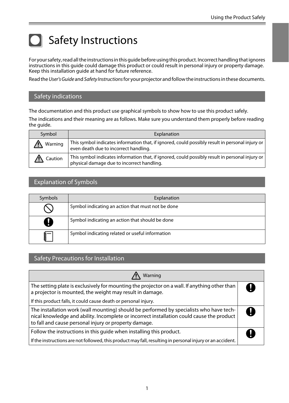Safety instructions | Epson EB-1460Ui User Manual | Page 2 / 353