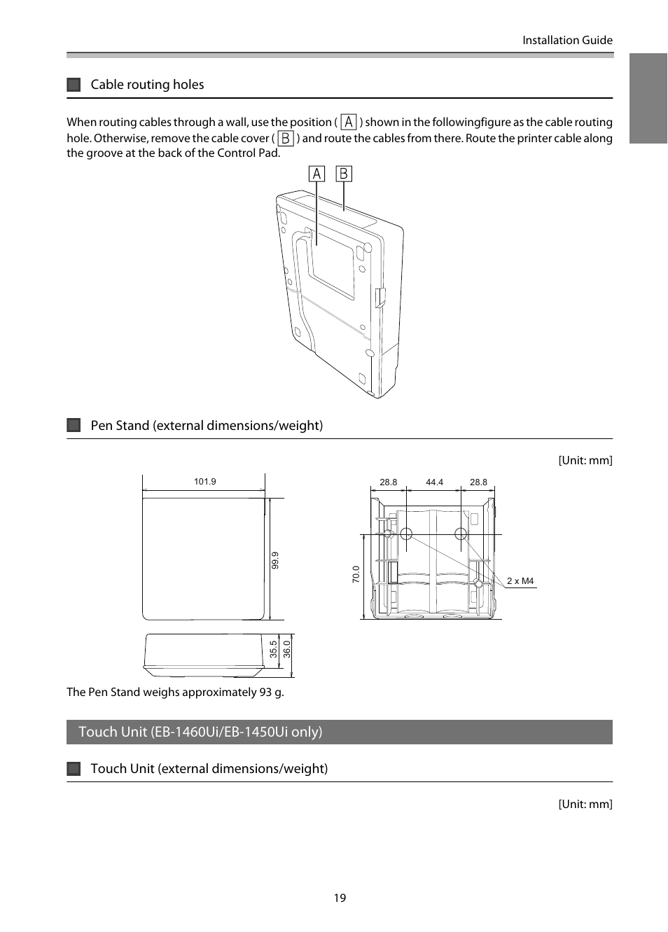 Cable routing holes, Pen stand (external dimensions/weight), Touch unit (eb-1460ui/eb-1450ui only) | Touch unit (external dimensions/weight) | Epson EB-1460Ui User Manual | Page 20 / 353