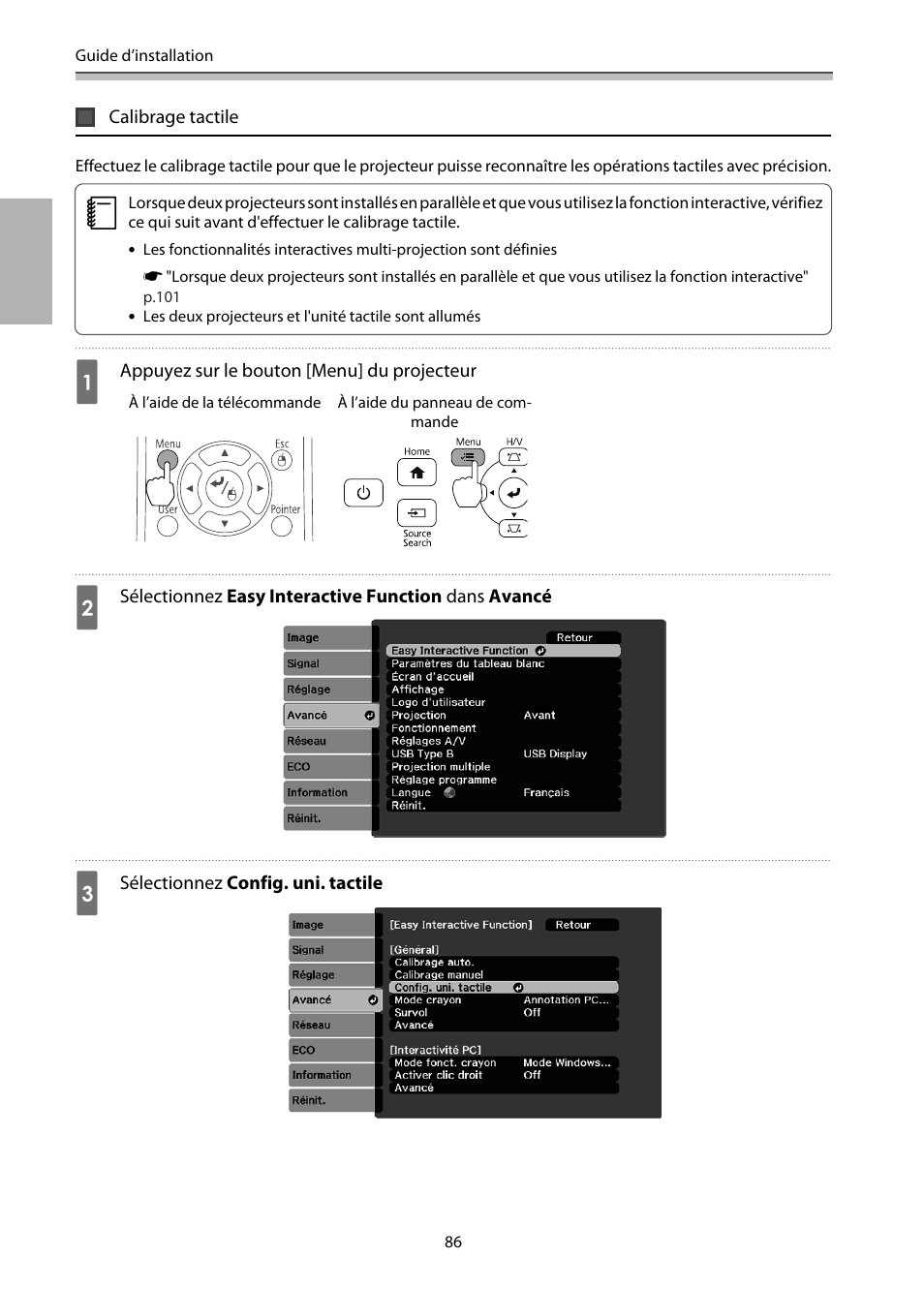 Calibrage tactile, P.86 | Epson EB-1460Ui User Manual | Page 203 / 353